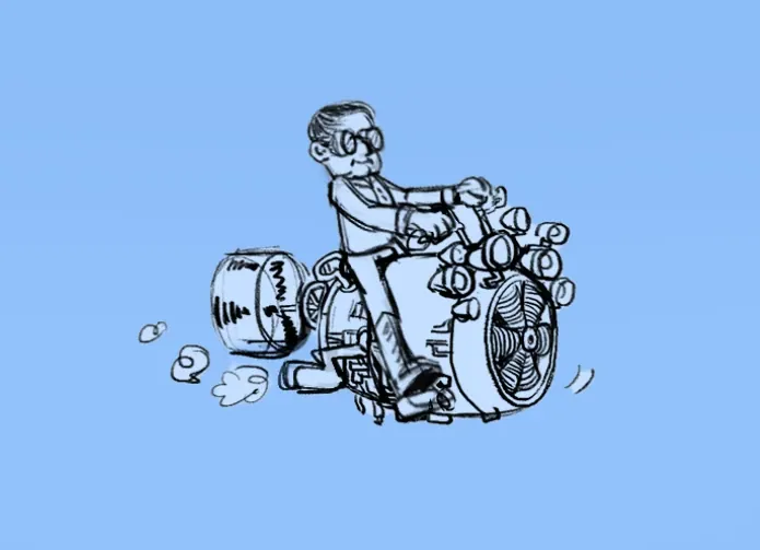 Ink drawing of Jedlik on a dynamo bike